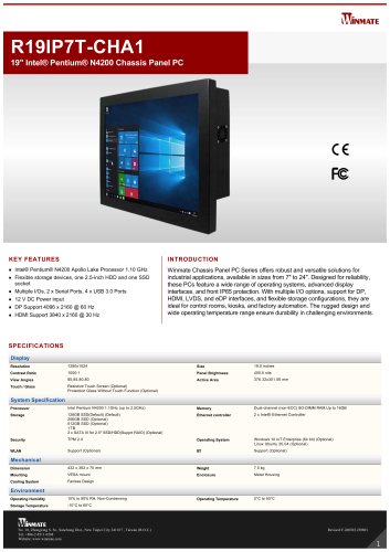 19" Intel&reg; Pentium&reg; N4200 Chassis Panel PC R19IP7T-CHA1