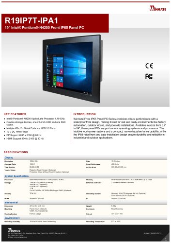 19" Intel&reg; Pentium&reg; N4200 Front IP65 Panel PC R19IP7T-IPA1