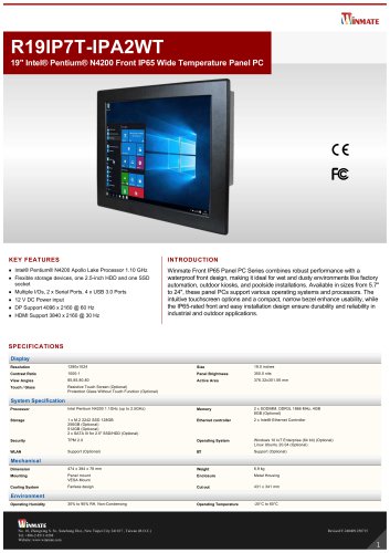 19" Intel&reg; Pentium&reg; N4200 Front IP65 Wide Temperature Panel PC R19IP7T-IPA2WT