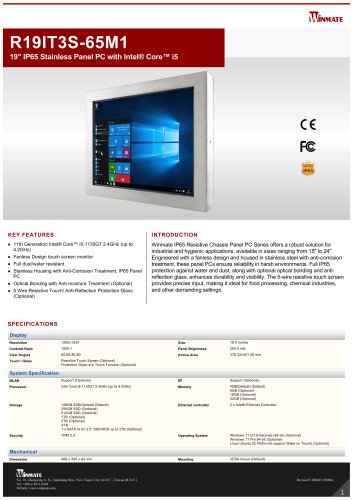 19" IP65 Stainless Panel PC with Intel&reg; Core&trade; i5 R19IT3S-65M1