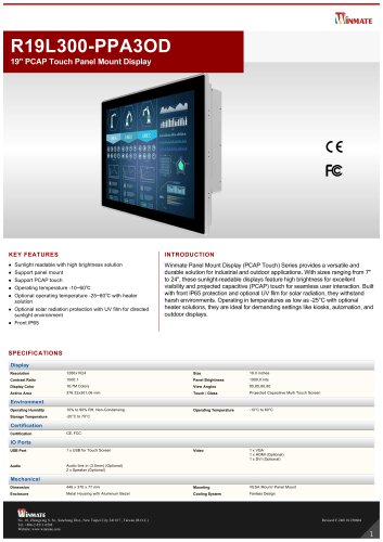 19" PCAP Touch Panel Mount Display R19L300-PPA3OD