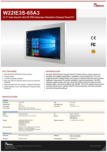 21.5" Intel Atom&reg; x6413E IP65 Stainless Resistive Chassis Panel PC W22IE3S-65A3