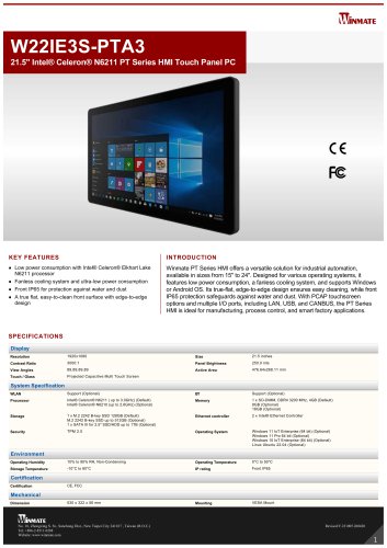 21.5" Intel&reg; Celeron&reg; N6211 PT Series HMI Touch Panel PC W22IE3S-PTA3