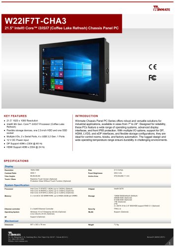 21.5" Intel&reg; Core&trade; i3/i5/i7 (Coffee Lake Refresh) Chassis Panel PC W22IF7T-CHA3