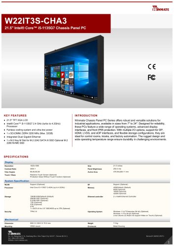 21.5" Intel&reg; Core&trade; i5-1135G7 Chassis Panel PC W22IT3S-CHA3