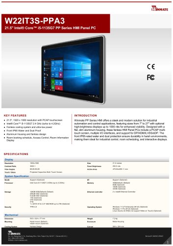 21.5" Intel&reg; Core&trade; i5-1135G7 PP Series HMI Panel PC W22IT3S-PPA3