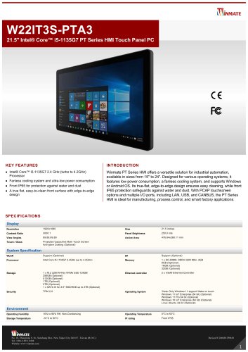 21.5" Intel&reg; Core&trade; i5-1135G7 PT Series HMI Touch Panel PC W22IT3S-PTA3