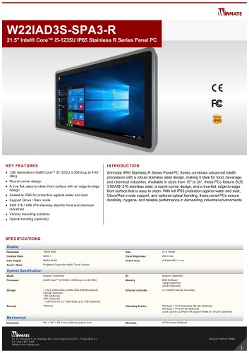 21.5" Intel&reg; Core&trade; i5-1235U IP65 Stainless R Series Panel PC W22IAD3S-SPA3-R