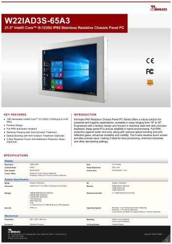 21.5" Intel&reg; Core&trade; i5-1235U IP65 Stainless Resistive Chassis Panel PC W22IAD3S-65A3