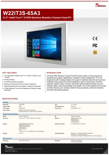 21.5" Intel&reg; Core&trade; i5 IP65 Stainless Resistive Chassis Panel PC W22IT3S-65A3