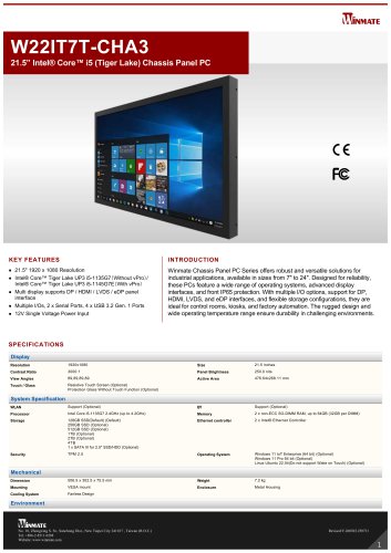 21.5&rdquo; Intel&reg; Core&trade; i5 (Tiger Lake) Chassis Panel PC W22IT7T-CHA3