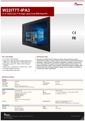 21.5" Intel&reg; Core&trade; i5 (Tiger Lake) Front IP65 Panel PC W22IT7T-IPA3