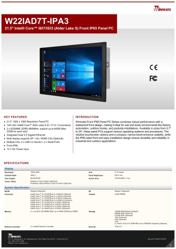 21.5" Intel&reg; Core&trade; i9/i7/i5/i3 (Alder Lake S) Front IP65 Panel PC W22IAD7T-IPA3