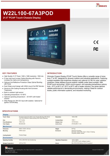 21.5" PCAP Touch Chassis Display W22L100-67A3POD