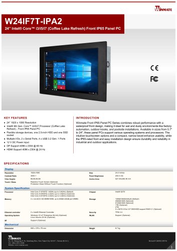 24&rdquo; Intel&reg; Core&trade; i3/i5/i7 (Coffee Lake Refresh) Front IP65 Panel PC W24IF7T-IPA2