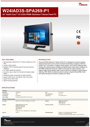 24" Intel&reg; Core&trade; i5-1235U IP69K Stainless P Series Panel PC W24IAD3S-SPA269-P1