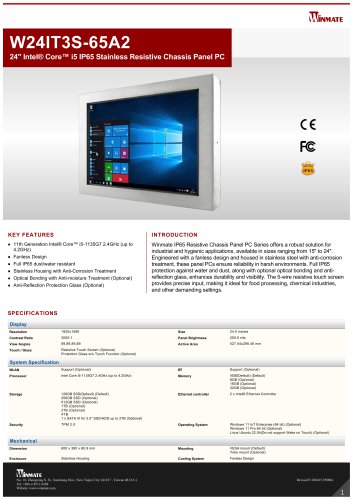 24" Intel&reg; Core&trade; i5 IP65 Stainless Resistive Chassis Panel PC W24IT3S-65A2
