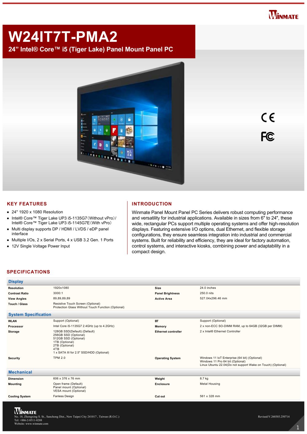 24&rdquo; Intel&reg; Core&trade; i5 (Tiger Lake) Panel Mount Panel PC W24IT7T-PMA2 - Winmate, Inc.