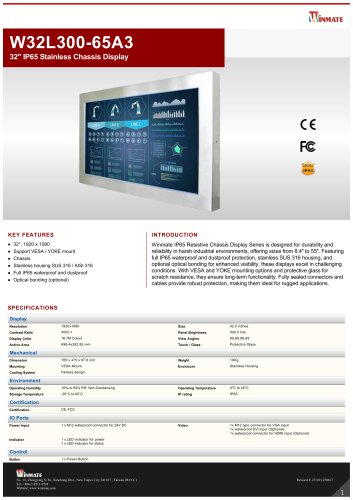 32" IP65 Stainless Chassis Display W32L300-65A3