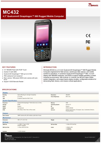 4.3" Qualcomm&reg; Snapdragon&trade; 660 Rugged Mobile Computer MC432