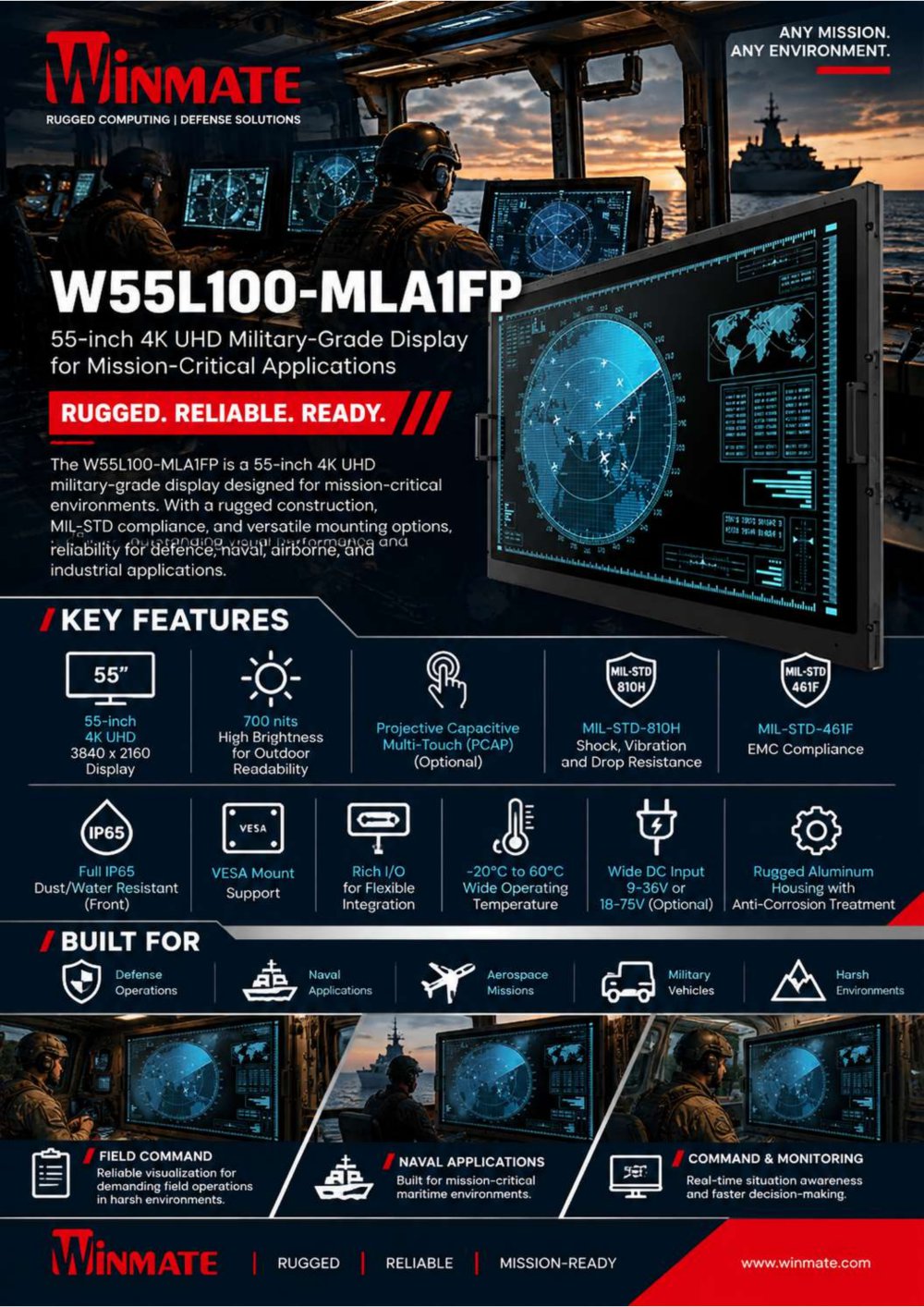 55" 4K2K UHD Defence Display W55L100-MLA1FP - Winmate, Inc.