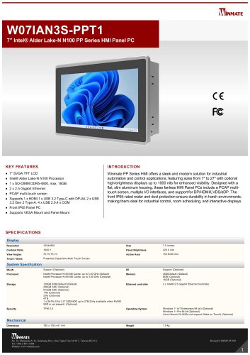 7&rdquo; Intel&reg; Alder Lake-N N150 PP Series HMI Panel PC W07IAN3S-PPT1