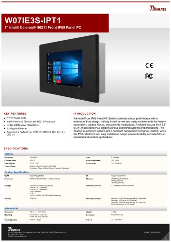 7" Intel&reg; Celeron&reg; N6211 Front IP65 Panel PC W07IE3S-IPT1