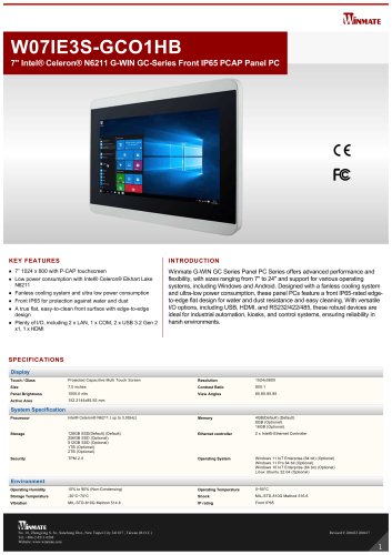 7" Intel&reg; Celeron&reg; N6211 G-WIN GC-Series Front IP65 PCAP Panel PC W07IE3S-GCO1HB