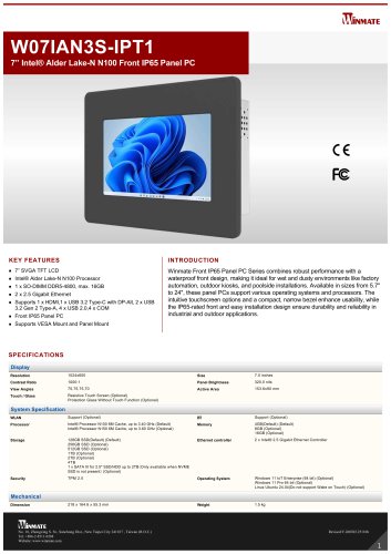 7&rdquo; Intel&reg; Twin Lake N150 Front IP65 Panel PC W07IAN3S-IPT1