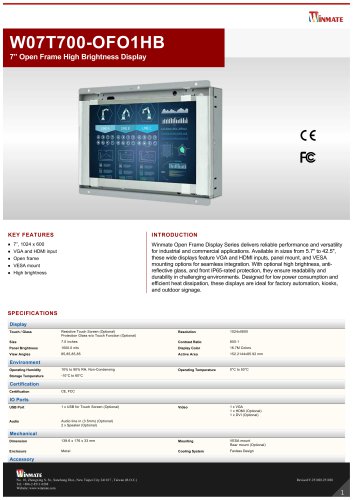 7&rdquo; Open Frame High Brightness Display W07T700-OFO1HB