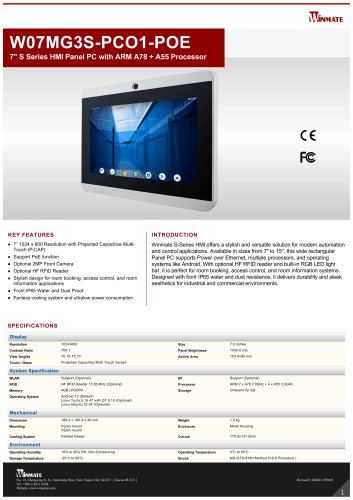 7" S Series HMI Panel PC with ARM A78 + A55 Processor W07MG3S-PCO1-POE