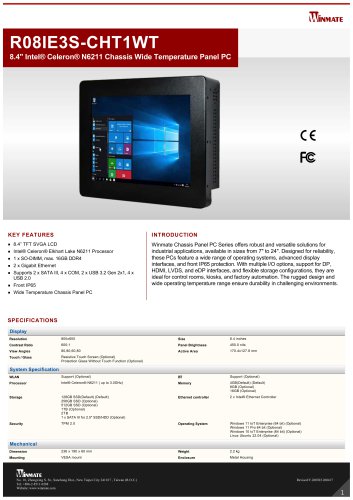 8.4" Intel&reg; Celeron&reg; N6211 Chassis Wide Temperature Panel PC R08IE3S-CHT1WT