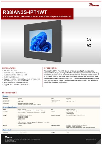 8.4&rdquo; Intel&reg; Twin Lake N150 Front IP65 Wide Temperature Panel PC R08IAN3S-IPT1WT