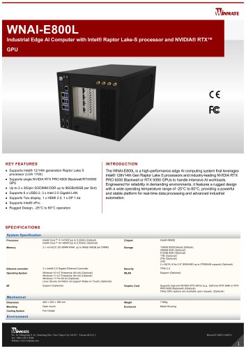 Industrial Edge AI Computer with Intel&reg; Raptor Lake-S processor and NVIDIA&reg; RTX&trade; GPU WNAI-E800L