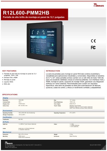 Pantalla de alto brillo de montaje en panel de 12,1 pulgadas