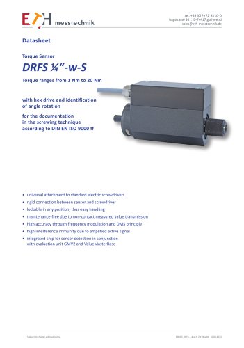 Datasheet torque sensor DRFS-1/4"-w-S