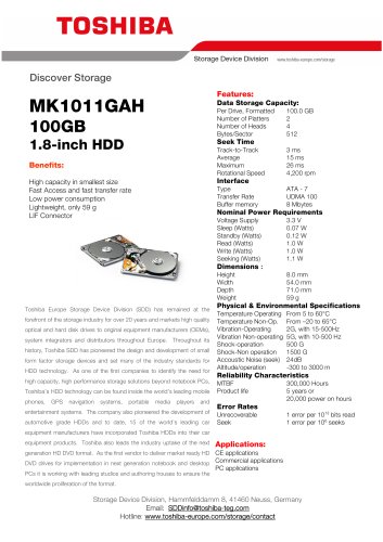 Datasheet for Toshiba 1.8-inch 100GB Hard disk drive