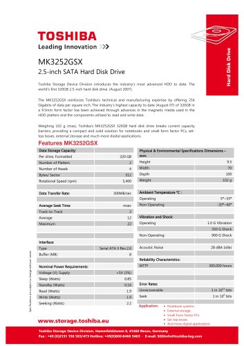 Datasheet for Toshiba 2.5-inch 320GB Hard disk drive