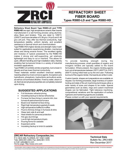 REFRACTORY SHEET FIBER BOARD Types RSBD-LD and Type RSBD-HD