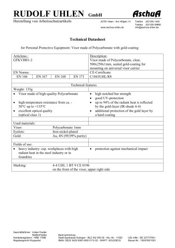 Datasheet Visor of Polycarbonate, clear, sealed, gold-coated