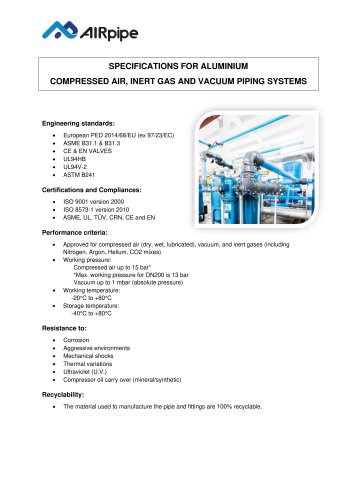 SPECIFICATIONS FOR ALUMINIUM COMPRESSED AIR, INERT GAS AND VACUUM PIPING SYSTEMS