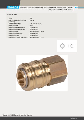 Quick coupling socket shutting off on both sides nominal size 7,2 brass design with female thread 220393