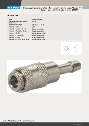 Quick coupling socket shutting off on one side nominal size 2,7 brass design nickel-plated with tube coupling 290809