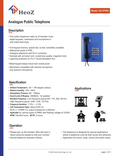 HZ-VP06A Analogue Public Telephone Datasheet