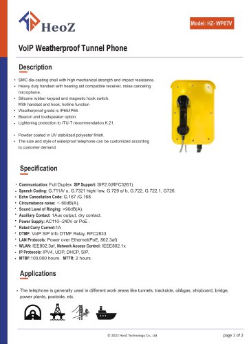 HZ-WP07V VoIP Tunnel telephone Datasheet