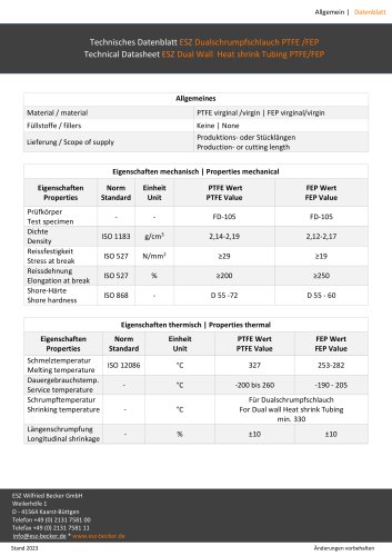 Technical Datasheet ESZ Dual Wall Heat shrink Tubing PTFE/FEP