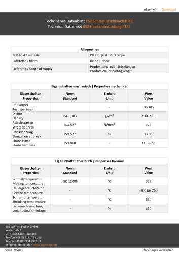 Technical Datasheet ESZ Heat shrink tubing PTFE