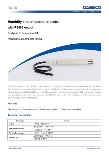 DB210 Humidity and temperature probe with RS485 output for narrow duct