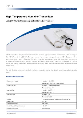 High Temperature Humidity Transmitter DB440 with Extra Probe