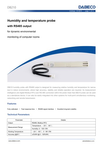 Humidity and temperature probe DB210 with RS485 output for dynamic environmental  monitoring of computer rooms